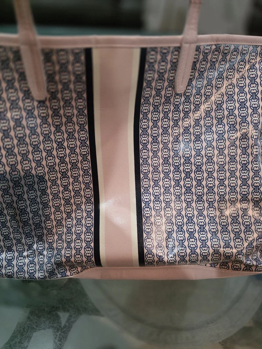 Tory Burch Pink and Navy Logo-Print  Tote
